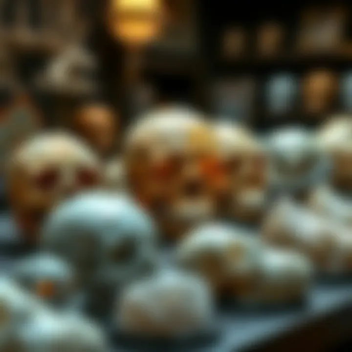 A historical display featuring various large crystal skulls from different cultures.