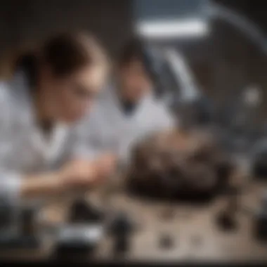 Field scientists examining Martian meteorites under a microscope in a laboratory.