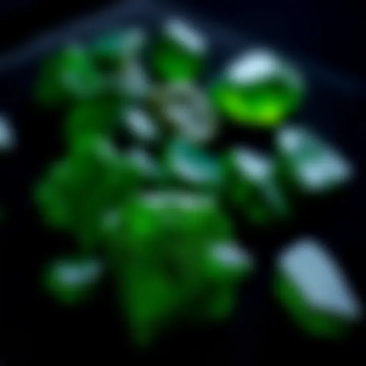 Exquisite Collection of Polished Moldavite A collection of polished moldavite pieces displayed on a velvet background.