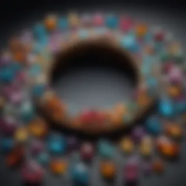 An array of gemstones viewed through a jeweler's loop