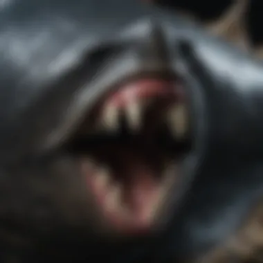 A close-up view detailing the serrated edges and texture of the megalodon tooth.