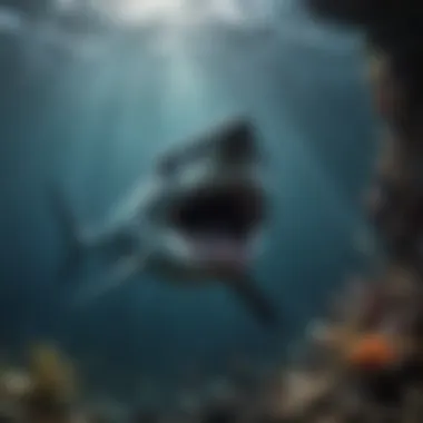 An artistic representation of the megalodon in its prehistoric ocean habitat.