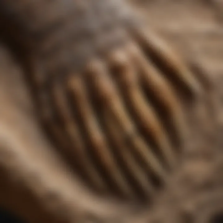 A close-up view of a rare dinosaur claw fossil with unique textures.