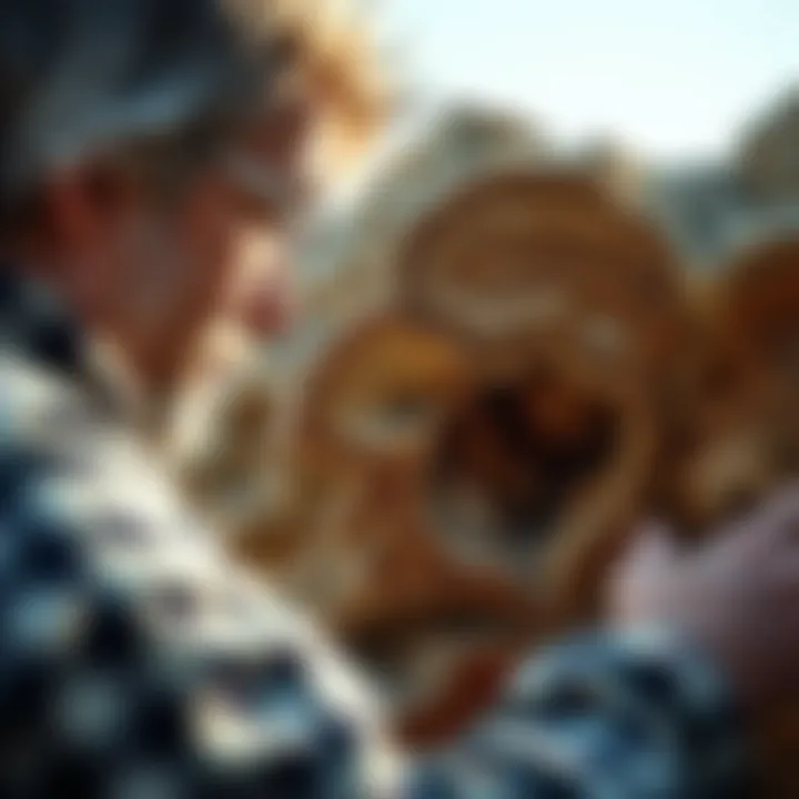 Examining Geological Features of Petrified Wood A collector examining the geological features of petrified wood