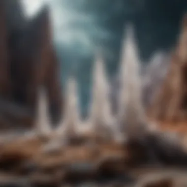 Celestial Beauty: Selenite Towers Against the Cosmic Canvas An artistic display of selenite towers against a cosmic backdrop