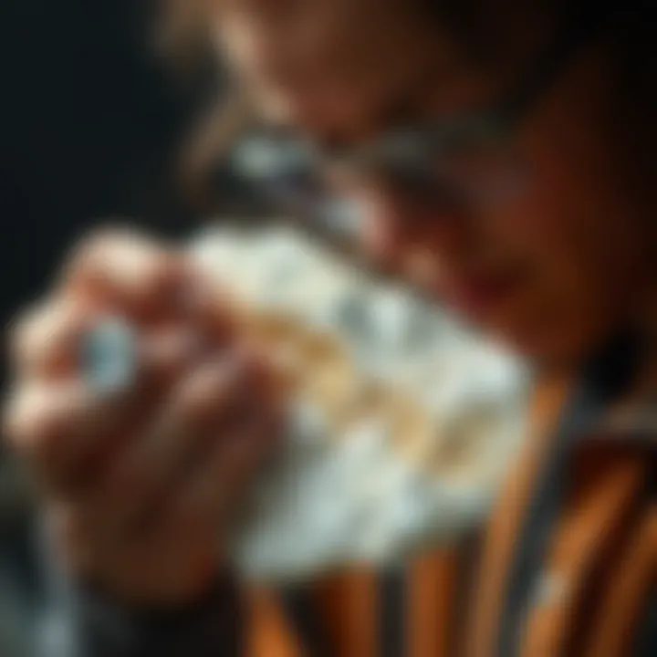 Collector's Insight on White Rock Beauty A collector examining a piece of white rock with silver flakes, highlighting its aesthetic appeal.