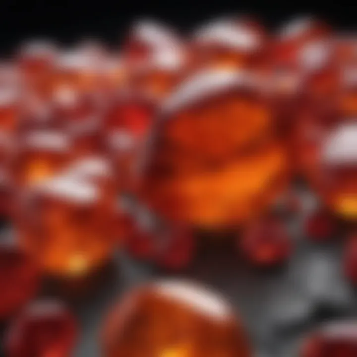 Close-up view highlighting the unique textures and facets of red orange gemstones