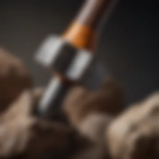 Close-up of a rock splitting hammer showcasing its striking head and handle