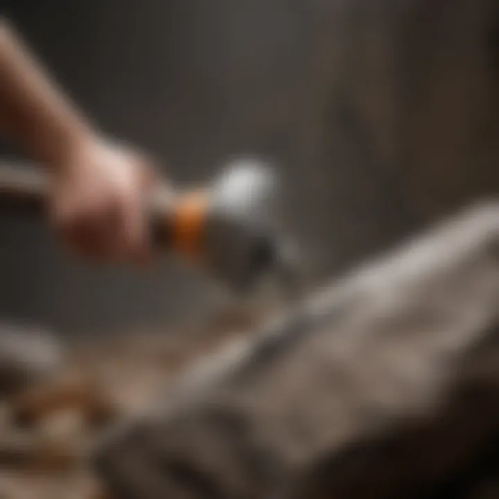 Demonstration of proper technique in using a rock splitting hammer on a stone