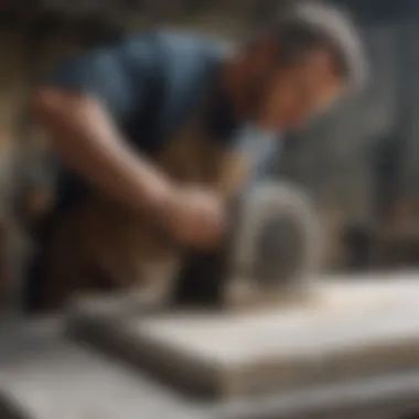 An artisan demonstrating the use of a stone slab saw on a marble slab