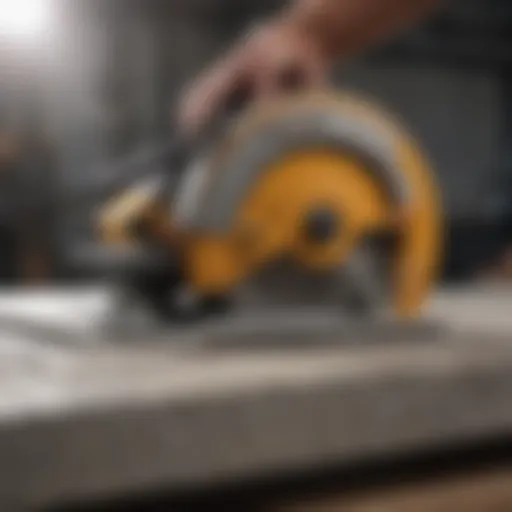 Close-up view of a stone slab saw cutting through granite