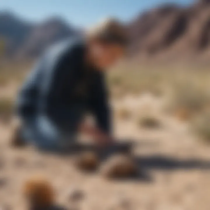 Fossil enthusiast examining trilobite fossils in the field