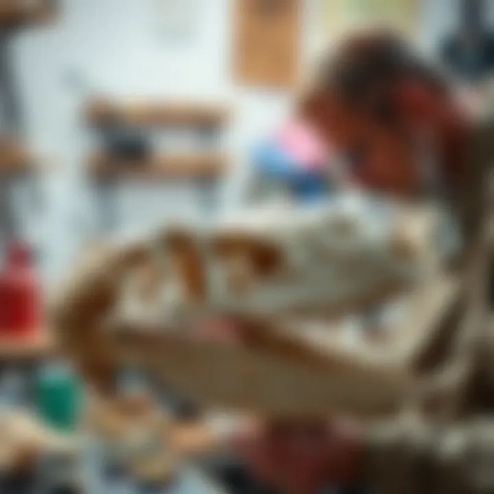 Artisan meticulously sculpting a dinosaur skull replica