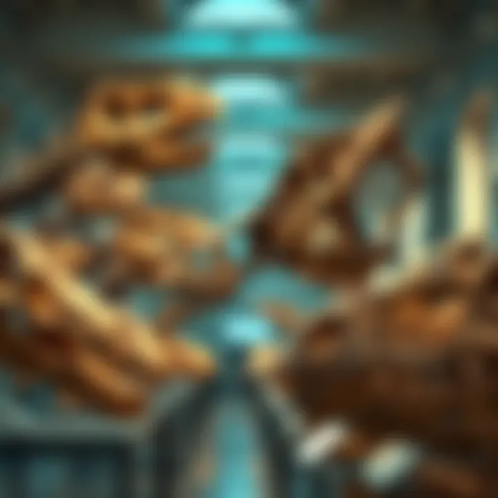 A collection of dinosaur skull replicas displayed in a museum setting