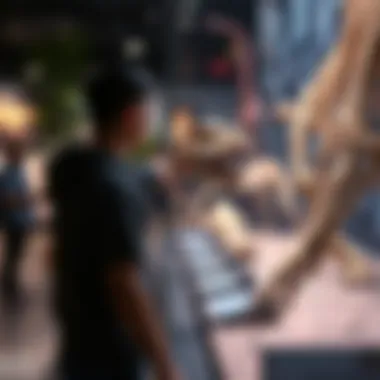 Player interacting with a virtual dinosaur exhibit