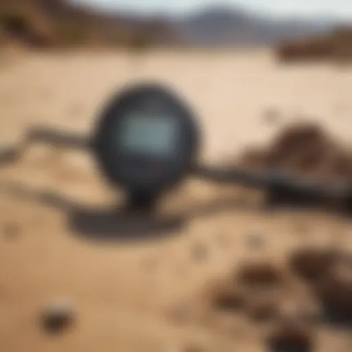 Close-up view of a metal detector on sandy terrain