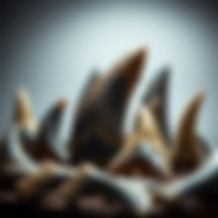 A collection of various megalodon teeth displayed for collectors