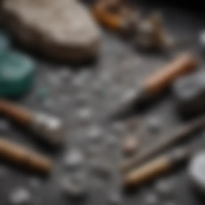 An up-close view of a miner's tools arranged neatly beside raw crystal samples, emphasizing the importance of preparation.