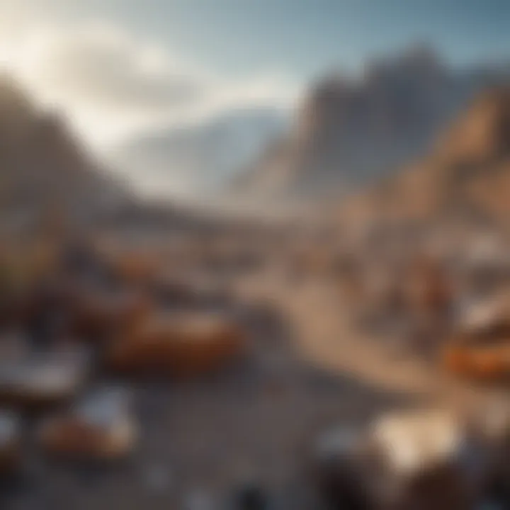 A serene natural landscape where crystal hunting takes place, with rocks and mineral formations in the foreground.