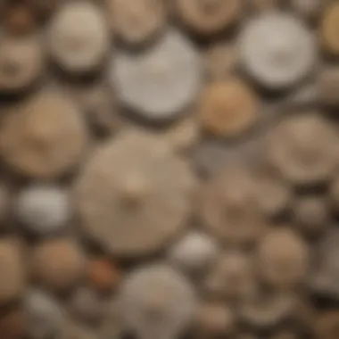 A close-up of various fossils displayed on a textured surface, showcasing diversity