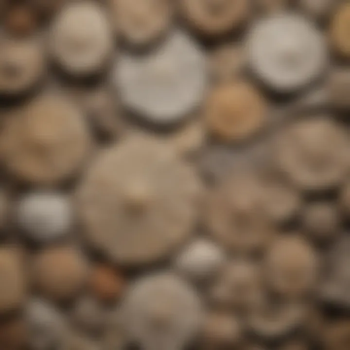 A close-up of various fossils displayed on a textured surface, showcasing diversity