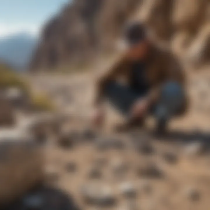 An enthusiast examining a newly discovered fossil with tools on a rocky terrain