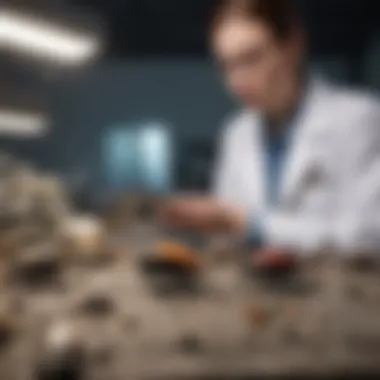 A researcher examining fossilized insects in a laboratory setting