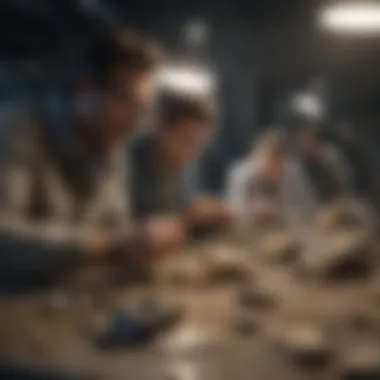 Paleontologists Analyzing Fossils Paleontologists studying fossil specimens in a lab