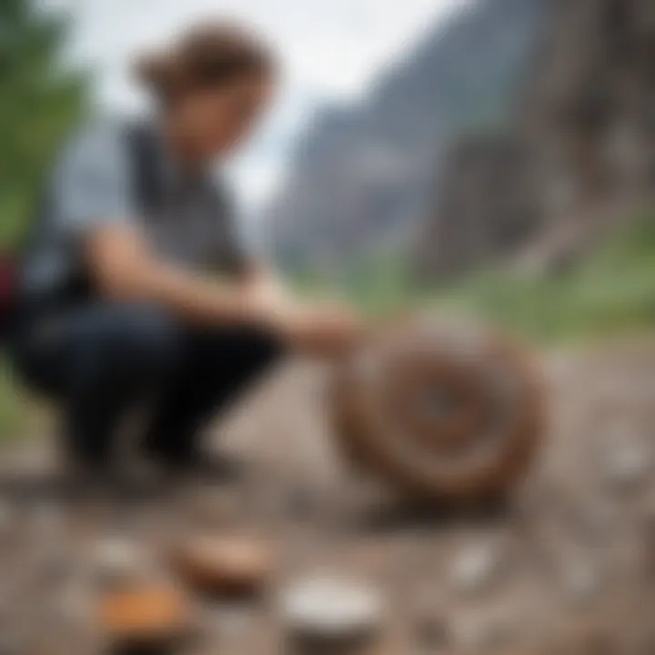 Geologist examining ammonite fossils in the field