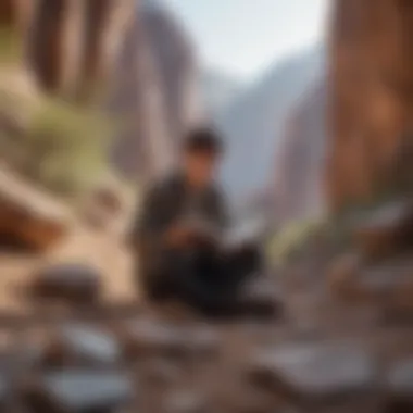 A person reading a geology textbook in a serene outdoor environment.