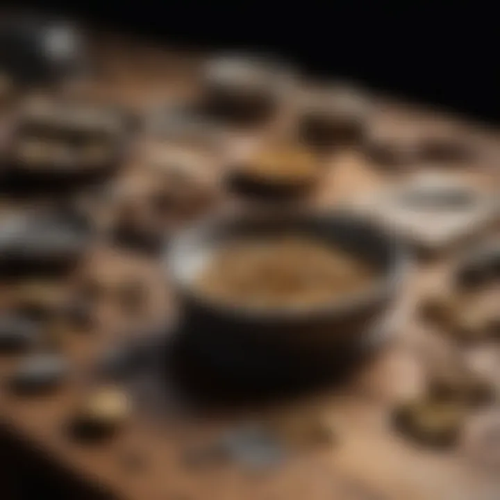 Various gold prospecting equipment displayed on a wooden table