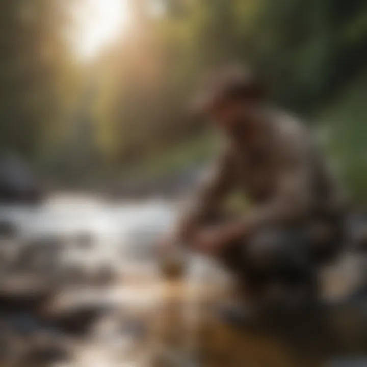 Traditional gold panning technique in a serene river setting