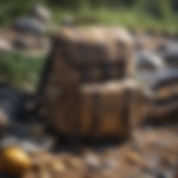 Close-up of a well-organized gold panning backpack