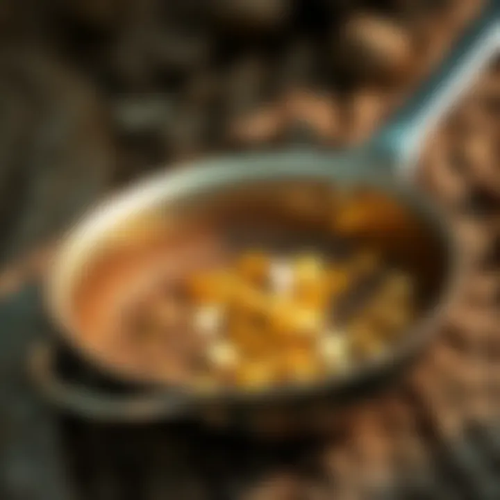 Close-up of a gold pan filled with sediment and potential gold