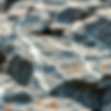 Educational display of gray rock with white streaks highlighting its properties