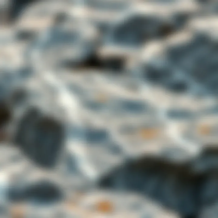 Educational display of gray rock with white streaks highlighting its properties