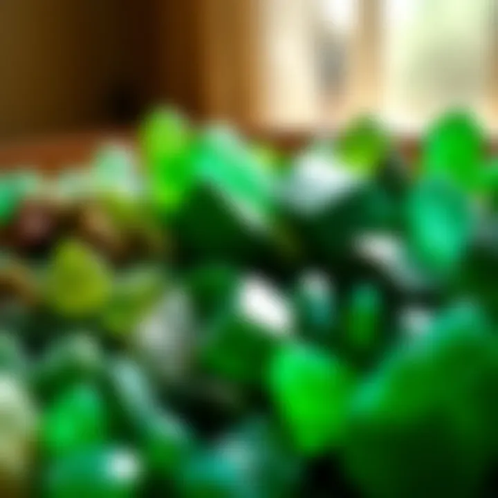 An array of different green crystal stones displayed artistically.