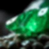 A close-up of a sparkling green crystal with intricate details.