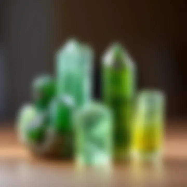 A detailed comparison of various green crystal types side by side.