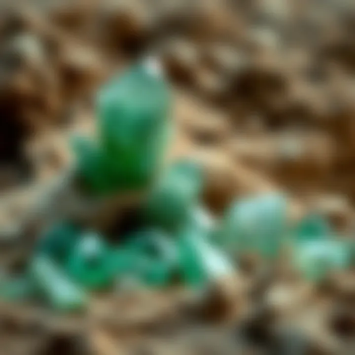 A geological setting showcasing green crystals in their natural habitat.