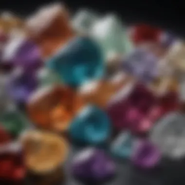 A close-up view of various gemstones showcasing their unique colors and textures.