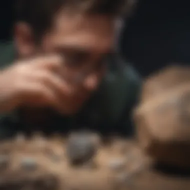 A geologist using a magnifying glass to examine a rock specimen.