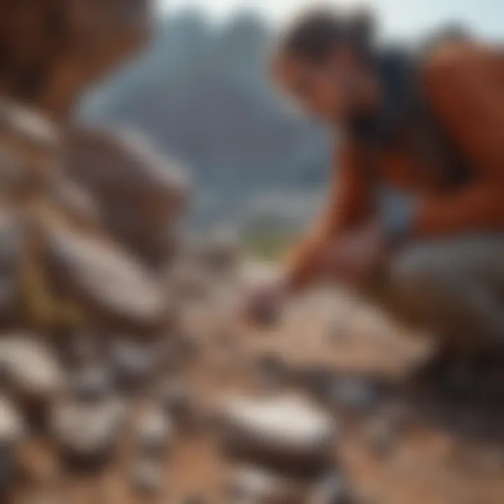 A geologist enthusiast examining rocks in a natural landscape.