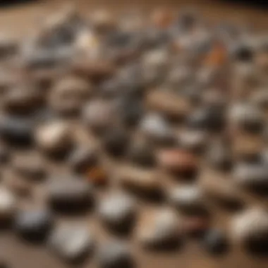 A collection of various rock samples arranged on a wooden table for identification