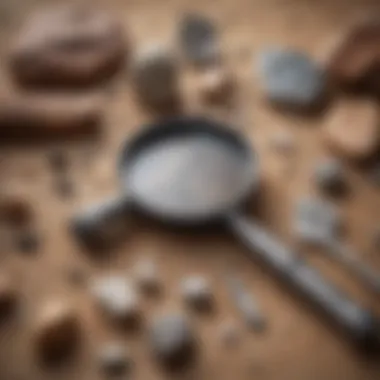 A set of geological tools laid out on a surface, including a magnifying glass and a hardness kit.