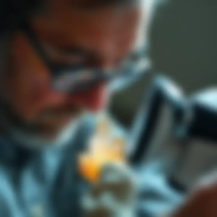 An expert examining a crystal under a magnifying glass for detailed analysis