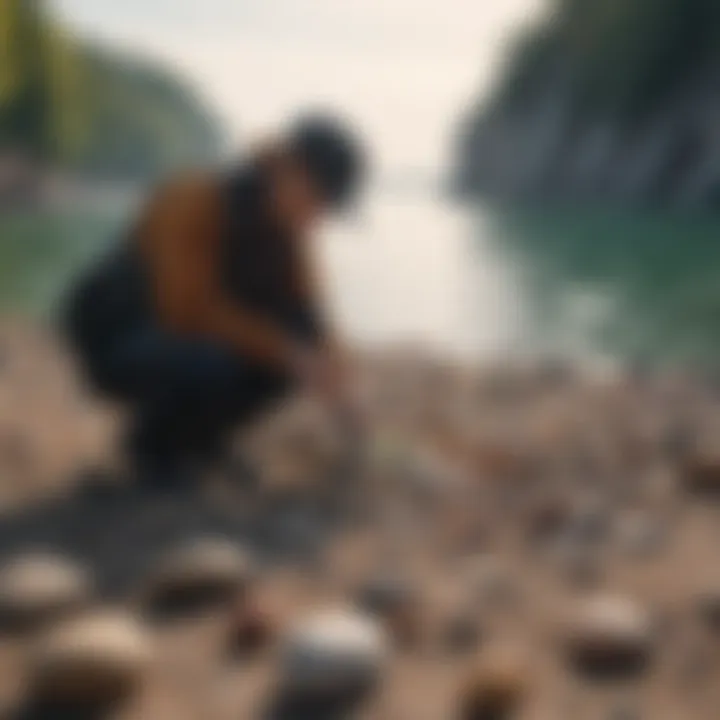 Rock collectors examining and identifying specimens along Lake Michigan