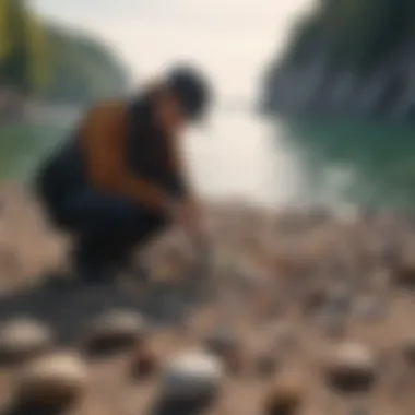 Rock Collectors Identifying Specimens at Lake Michigan Rock collectors examining and identifying specimens along Lake Michigan