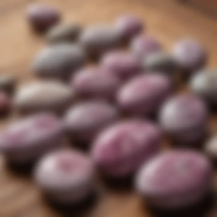 Lepidolite palm stones displayed on a natural wooden surface.