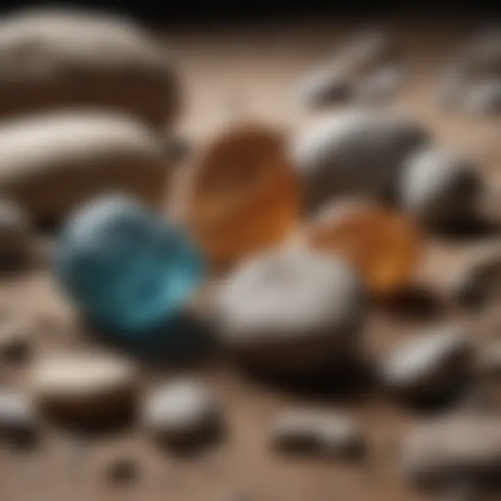 Various polishing compounds displayed beside unpolished rocks